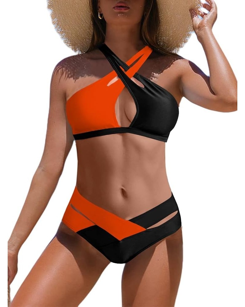 Women's Sexy Wrap Cross 2 Piece Swimsuit Cutout High Waisted Bikini Set Orange Black $12.97 Swimsuits