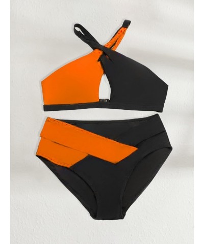 Women's Sexy Wrap Cross 2 Piece Swimsuit Cutout High Waisted Bikini Set Orange Black $12.97 Swimsuits