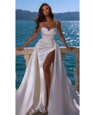 Spaghetti Straps Satin Prom Dresses for Women 2024 Sweetheart Mermaid Long Formal Evening Party Gowns with Slit Watermelon $2...