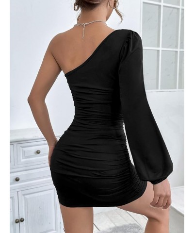 Women's Twist Front Ruched One Shoulder Long Sleeve Sexy Bodycon Mini Dress Black $19.24 Dresses