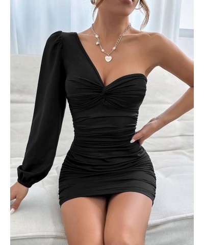 Women's Twist Front Ruched One Shoulder Long Sleeve Sexy Bodycon Mini Dress Black $19.24 Dresses