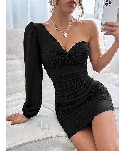 Women's Twist Front Ruched One Shoulder Long Sleeve Sexy Bodycon Mini Dress Black $19.24 Dresses