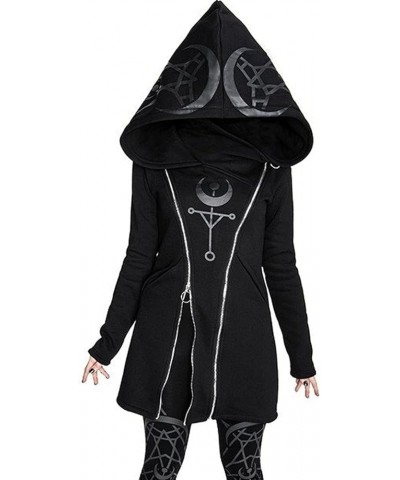 Women Gothic-Hoodie Witchcraft Punk-Cardigan-Jacket - Eye Moon Waist Rope Hoodie Jacket Top Long Sweatshirt Y2-black $10.56 A...