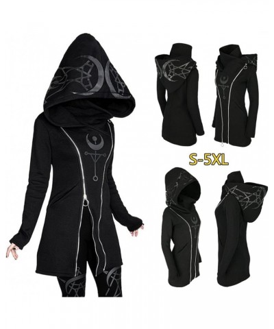 Women Gothic-Hoodie Witchcraft Punk-Cardigan-Jacket - Eye Moon Waist Rope Hoodie Jacket Top Long Sweatshirt Y2-black $10.56 A...