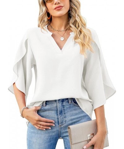 Women's Casual Chiffon Blouse Tops 3/4 Ruffled Sleeve V Neck Loose Fit Blouses Shirts White $13.64 Blouses