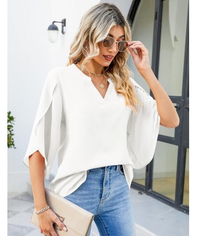 Women's Casual Chiffon Blouse Tops 3/4 Ruffled Sleeve V Neck Loose Fit Blouses Shirts White $13.64 Blouses