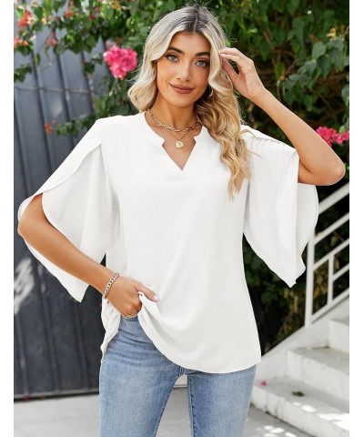 Women's Casual Chiffon Blouse Tops 3/4 Ruffled Sleeve V Neck Loose Fit Blouses Shirts White $13.64 Blouses