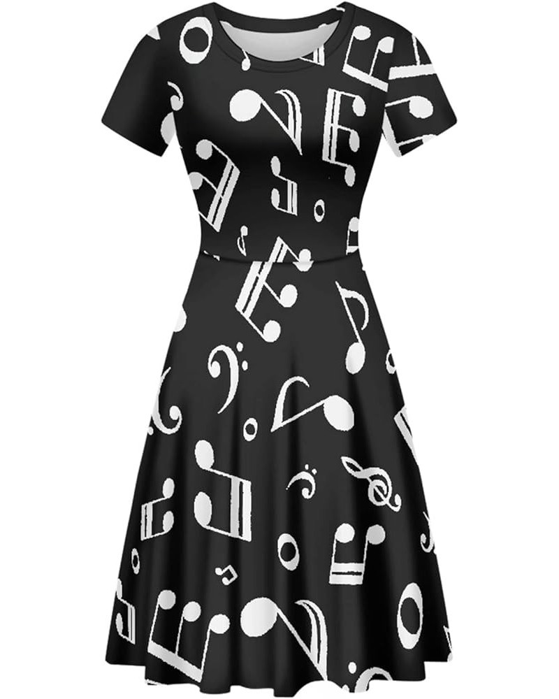 Midi Dress Women Evening Elegant Dress Short Sleeve Scoop Neck Summer Music Pattern $12.60 Dresses