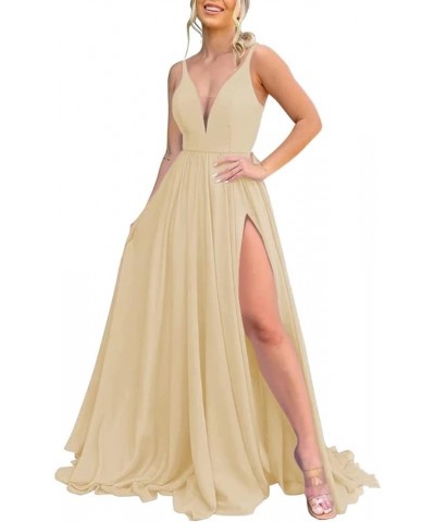 Women Bridesmaid Dress Long 2023 Chiffon A Line Formal Dresses Slit Wedding Party Gowns with Pockets OSA001 Champagne $23.85 ...