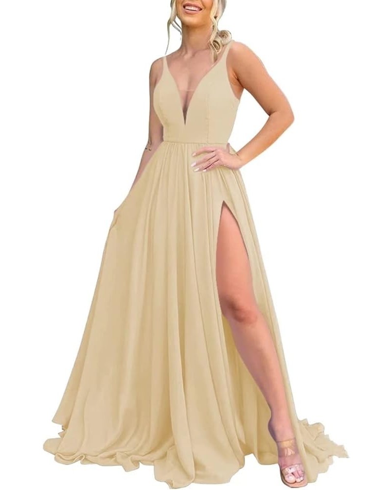 Women Bridesmaid Dress Long 2023 Chiffon A Line Formal Dresses Slit Wedding Party Gowns with Pockets OSA001 Champagne $23.85 ...