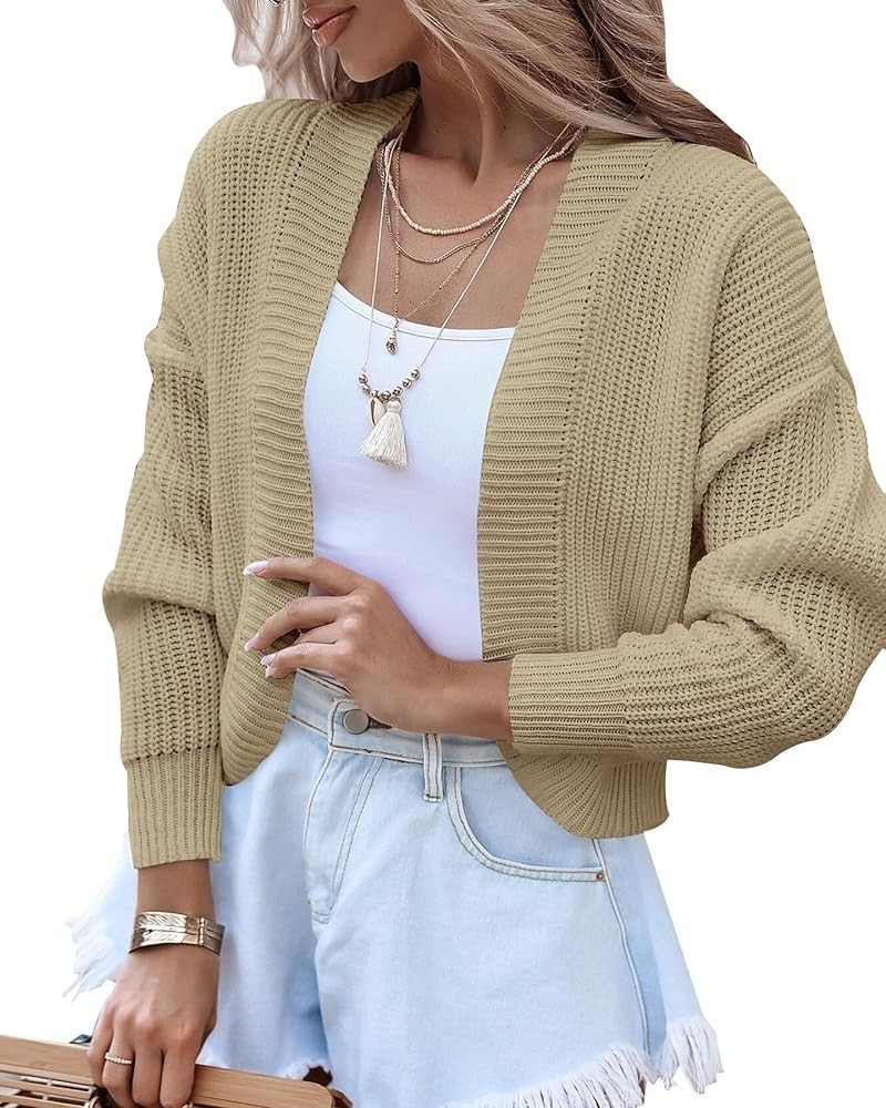 Women's Long Sleeve Open Front Knit Cropped Cardigan Sweaters Casual Drop Shoulder Short Shrugs Sweater Coats Khaki $21.23 Sw...