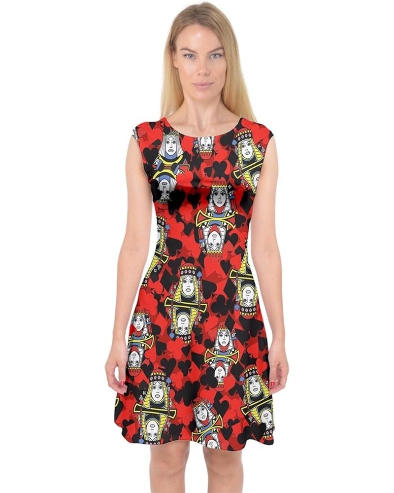 Women's Sexy Holiday Capsleeve Midi Dress Playing Cards Casino Jackpots & Autumn Leaves Unique Outfit Black & Red $12.90 Dresses