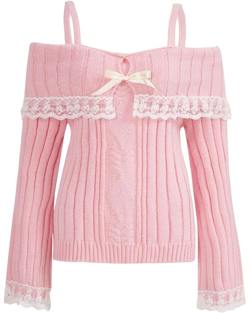 Women Cold Shoulder Sweaters Long Sleeve Contrast Lace Knit Pullovers Bow Front Jumper Slim Fit Tops Pink $11.87 Sweaters