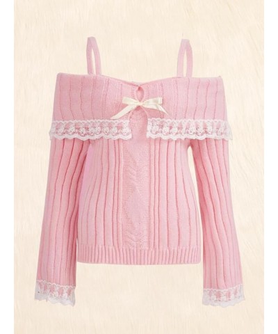 Women Cold Shoulder Sweaters Long Sleeve Contrast Lace Knit Pullovers Bow Front Jumper Slim Fit Tops Pink $11.87 Sweaters