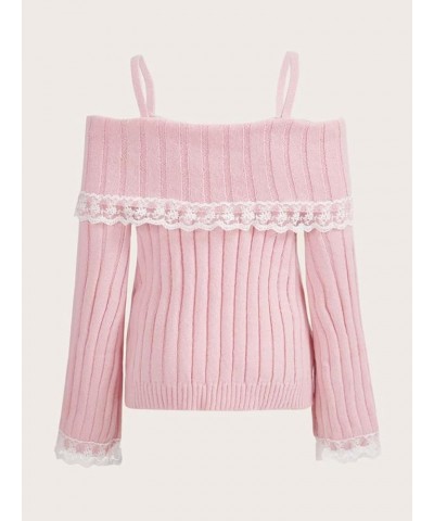 Women Cold Shoulder Sweaters Long Sleeve Contrast Lace Knit Pullovers Bow Front Jumper Slim Fit Tops Pink $11.87 Sweaters