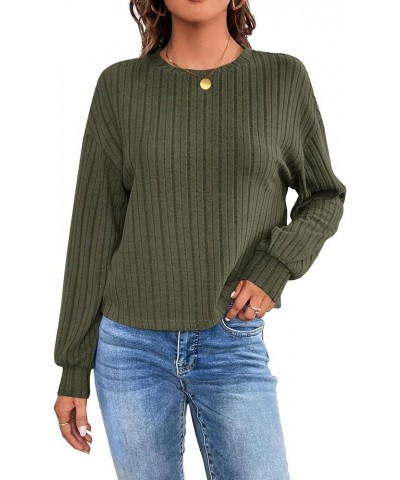 Women's Drop Shoulder Long Sleeve Crewneck Tee Shirt Pullover Ribbed Knit Tops Army Green $11.25 T-Shirts