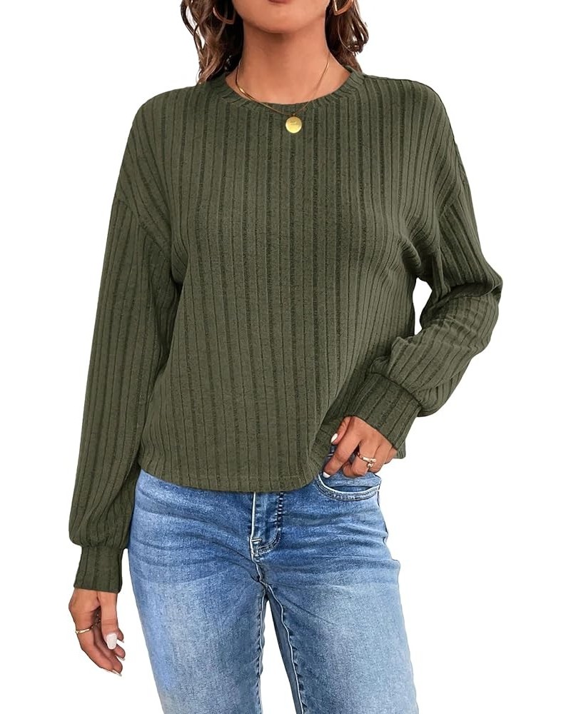 Women's Drop Shoulder Long Sleeve Crewneck Tee Shirt Pullover Ribbed Knit Tops Army Green $11.25 T-Shirts