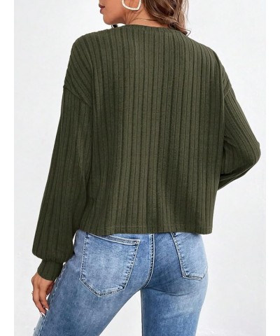 Women's Drop Shoulder Long Sleeve Crewneck Tee Shirt Pullover Ribbed Knit Tops Army Green $11.25 T-Shirts