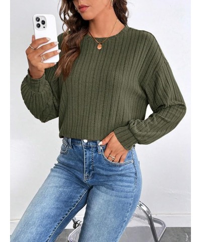 Women's Drop Shoulder Long Sleeve Crewneck Tee Shirt Pullover Ribbed Knit Tops Army Green $11.25 T-Shirts