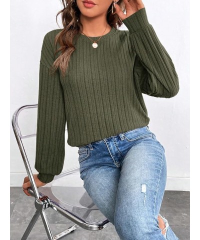 Women's Drop Shoulder Long Sleeve Crewneck Tee Shirt Pullover Ribbed Knit Tops Army Green $11.25 T-Shirts