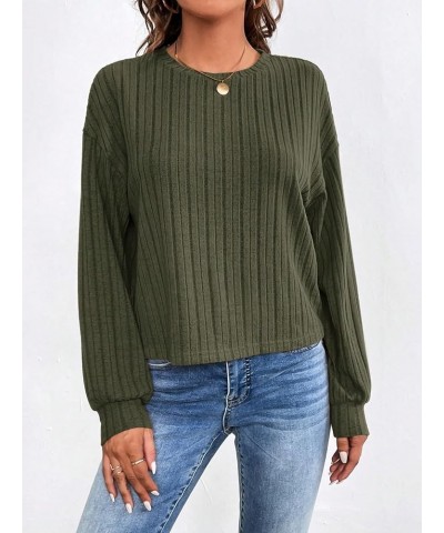 Women's Drop Shoulder Long Sleeve Crewneck Tee Shirt Pullover Ribbed Knit Tops Army Green $11.25 T-Shirts