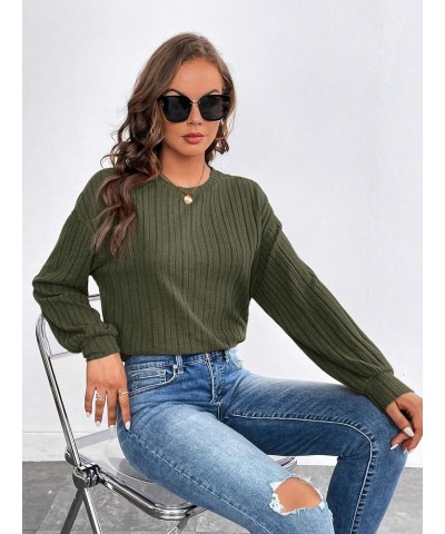 Women's Drop Shoulder Long Sleeve Crewneck Tee Shirt Pullover Ribbed Knit Tops Army Green $11.25 T-Shirts