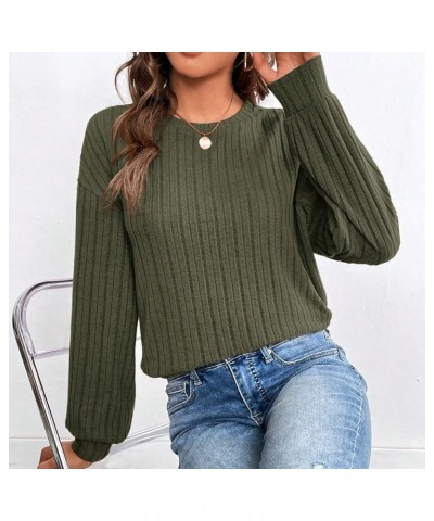 Women's Drop Shoulder Long Sleeve Crewneck Tee Shirt Pullover Ribbed Knit Tops Army Green $11.25 T-Shirts