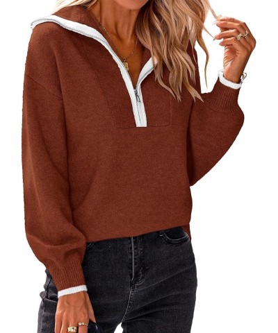 Women's 2024 Fall Winter Half Zip Pullover Sweaters Casual V Neck Long Sleeve Ribbed Knit Loose Jumper Tops Solid Red Brown $...