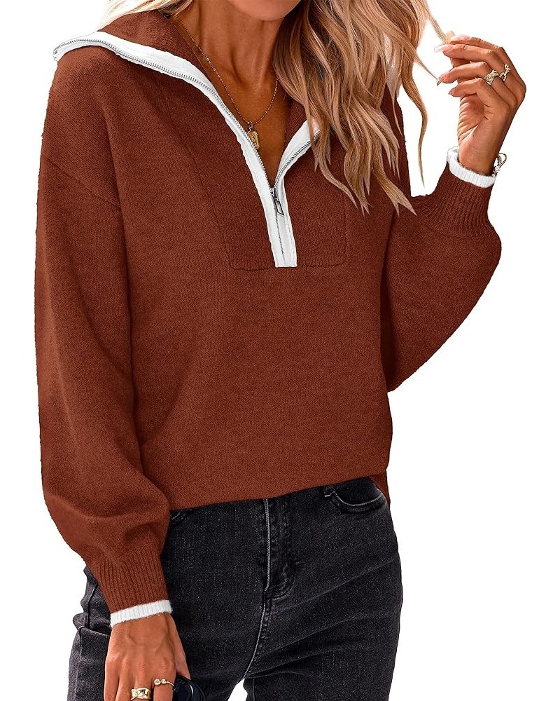 Women's 2024 Fall Winter Half Zip Pullover Sweaters Casual V Neck Long Sleeve Ribbed Knit Loose Jumper Tops Solid Red Brown $...