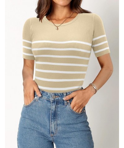 Womens Short Sleeve T Shirts Summer Crewneck Tops Ribbed Knit Slim Fit Shirt Casual Basic Tees Tops 0-a-apricot $10.39 T-Shirts