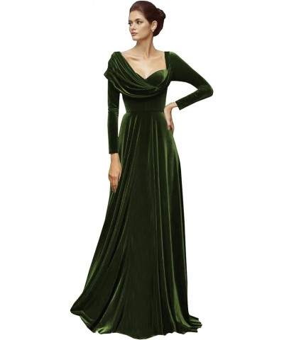 Long Sleeve Velvet Evening Dresses A-line Asymmetrical Neck Formal Wedding Guest Dress Olive Green $33.75 Dresses