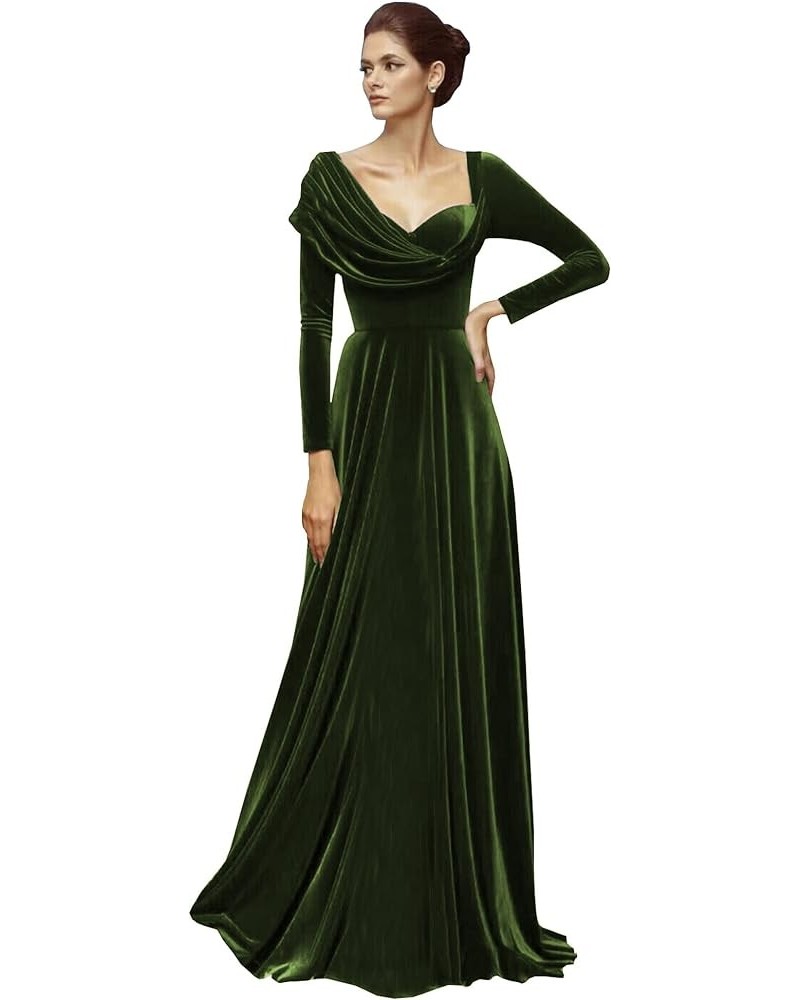 Long Sleeve Velvet Evening Dresses A-line Asymmetrical Neck Formal Wedding Guest Dress Olive Green $33.75 Dresses