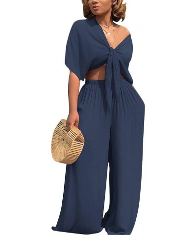 Women's 2 Piece Jumpsuit Ruched Sleeveless Crop Top Ruffle Wide Leg Pant Set Romper Outfit 7003-navy $26.34 Jumpsuits