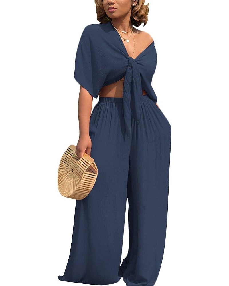 Women's 2 Piece Jumpsuit Ruched Sleeveless Crop Top Ruffle Wide Leg Pant Set Romper Outfit 7003-navy $26.34 Jumpsuits