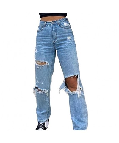 Jeans Trousers Hole Women Button Denim High Loose Pocket Pants Waist Elastic Pants Blue Spice Black Jeans (4-Blue, S) Medium ...