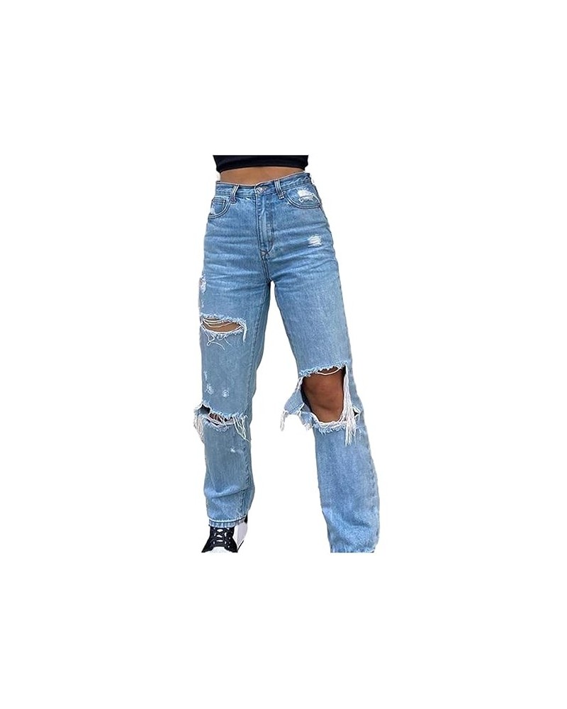 Jeans Trousers Hole Women Button Denim High Loose Pocket Pants Waist Elastic Pants Blue Spice Black Jeans (4-Blue, S) Medium ...