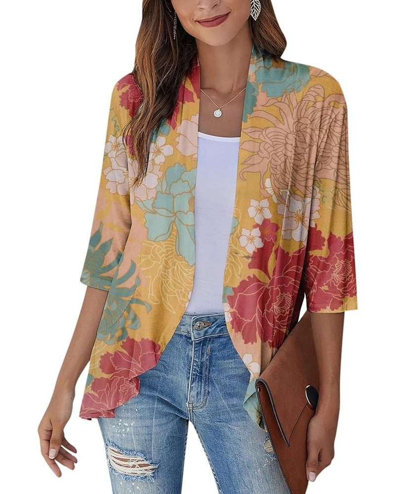 Kimono Cardigan Summer Cardigans For Women 2023 Trendy Ethnic Style Open Front 3/4 Sleeve Cardigan Open Front Tops G3071-yell...