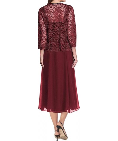 Tea Length Mother of The Bride Dresses Lace Evening Formal Dress Chiffon Wedding Guest Groom Dress Floral Lace Jacket Burgund...