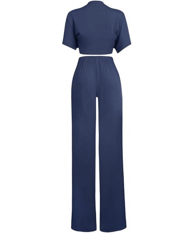 Women's 2 Piece Jumpsuit Ruched Sleeveless Crop Top Ruffle Wide Leg Pant Set Romper Outfit 7003-navy $26.34 Jumpsuits