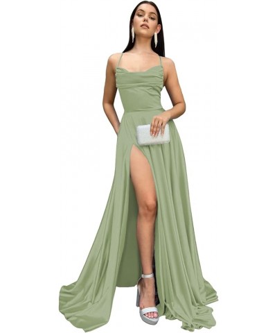 Spaghetti Straps Satin Prom Dresses Long with Pockets A Line Slit Formal Party Dress for Women WD071 Sage Green $33.79 Dresses