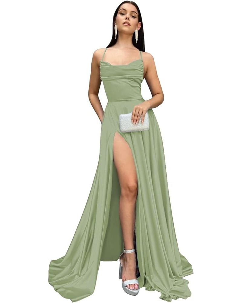 Spaghetti Straps Satin Prom Dresses Long with Pockets A Line Slit Formal Party Dress for Women WD071 Sage Green $33.79 Dresses