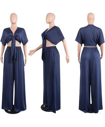 Women's 2 Piece Jumpsuit Ruched Sleeveless Crop Top Ruffle Wide Leg Pant Set Romper Outfit 7003-navy $26.34 Jumpsuits