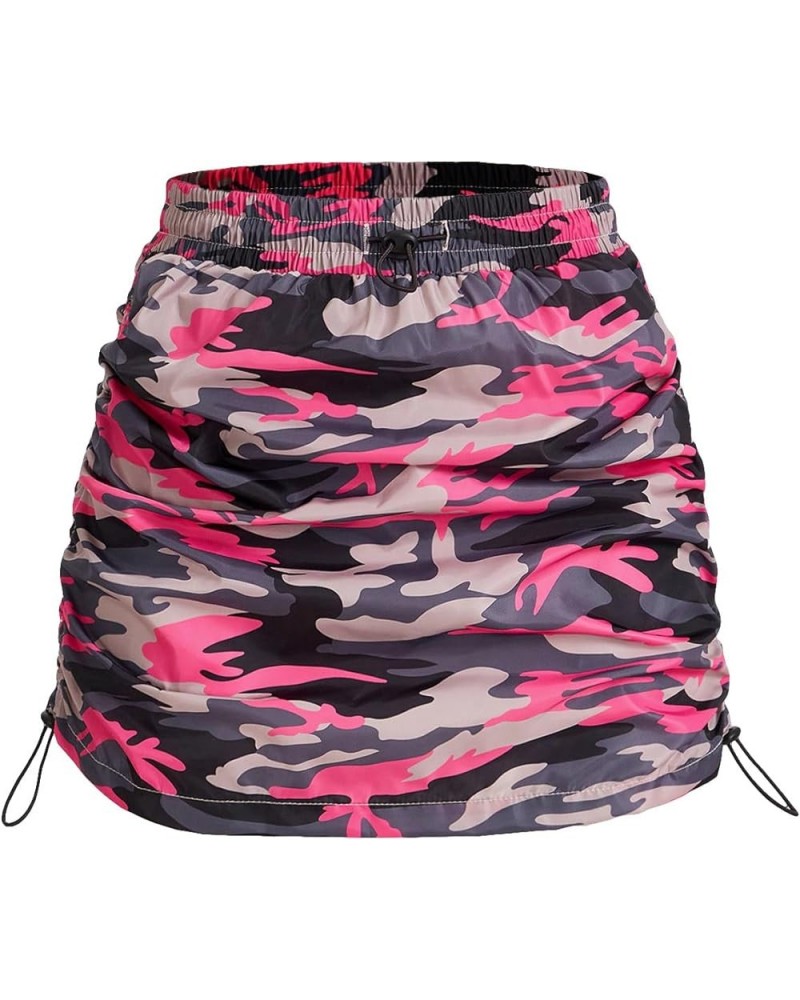 Women's Camo Print Ruched Mini Skirt Drawstring High Waisted Bodycon Skirts Pink Multi $11.34 Skirts