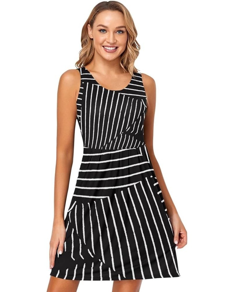 Nautical Themed Simple Anchors Women Casual Dresses, Crewneck Tshirt Dress, Tank Sleeveless Dresses Black and White Lines $15...