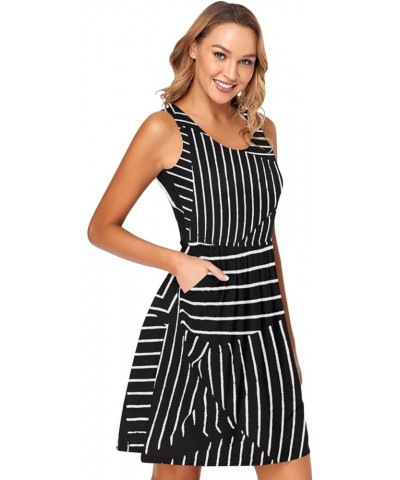 Nautical Themed Simple Anchors Women Casual Dresses, Crewneck Tshirt Dress, Tank Sleeveless Dresses Black and White Lines $15...