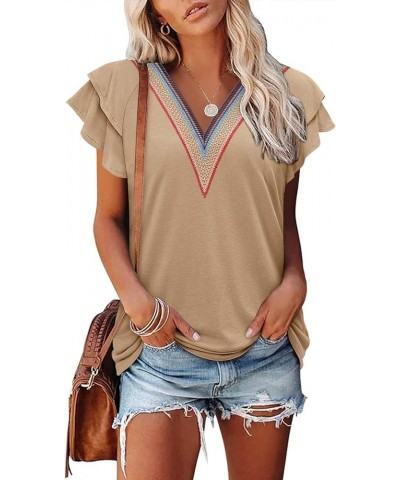 Short Sleeve Lace V Neck Shirts for Women Floral Print Tunic Tops Blouses 1-a-khaki $10.00 Tops