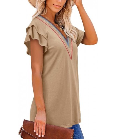 Short Sleeve Lace V Neck Shirts for Women Floral Print Tunic Tops Blouses 1-a-khaki $10.00 Tops