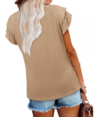 Short Sleeve Lace V Neck Shirts for Women Floral Print Tunic Tops Blouses 1-a-khaki $10.00 Tops