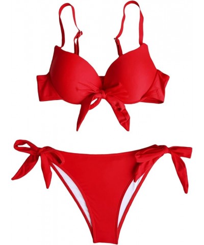 Women's 2 Piece Knot Front Push Up Bikini Set Spaghetti Strap Tie Side Swimsuit Red $21.45 Swimsuits