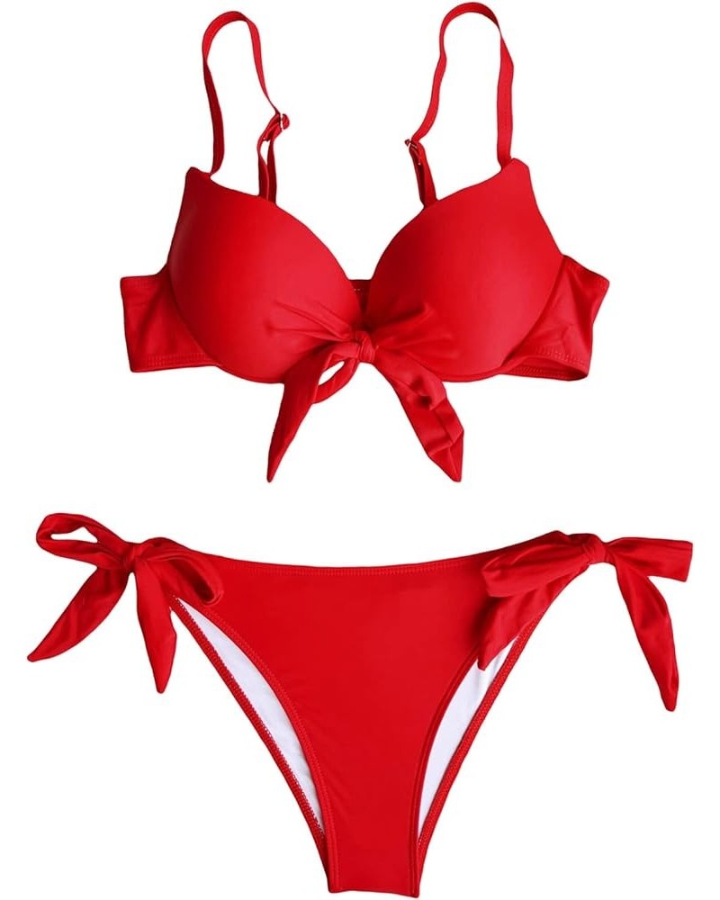 Women's 2 Piece Knot Front Push Up Bikini Set Spaghetti Strap Tie Side Swimsuit Red $21.45 Swimsuits